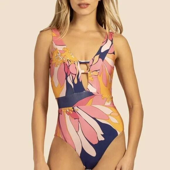 Trina Turk Breeze Floral Plunge Maillot One Piece Swimsuit Size 14 Colorful - Picture 12 of 12
